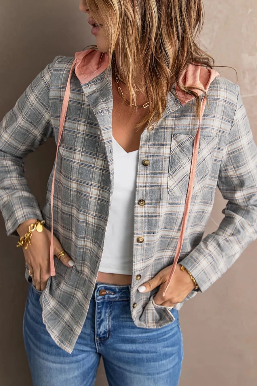 Women's Khaki Plaid Drawstring Hooded Shacket by Shewin - Casual Stylish Coat Jacket