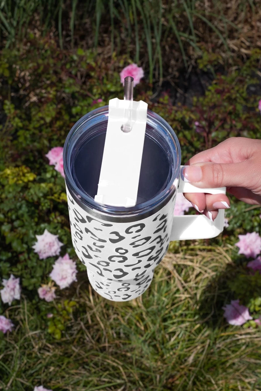 Shewin White 304 Stainless Steel Leopard Print Double Insulated Tumbler Mug with Handle for Women