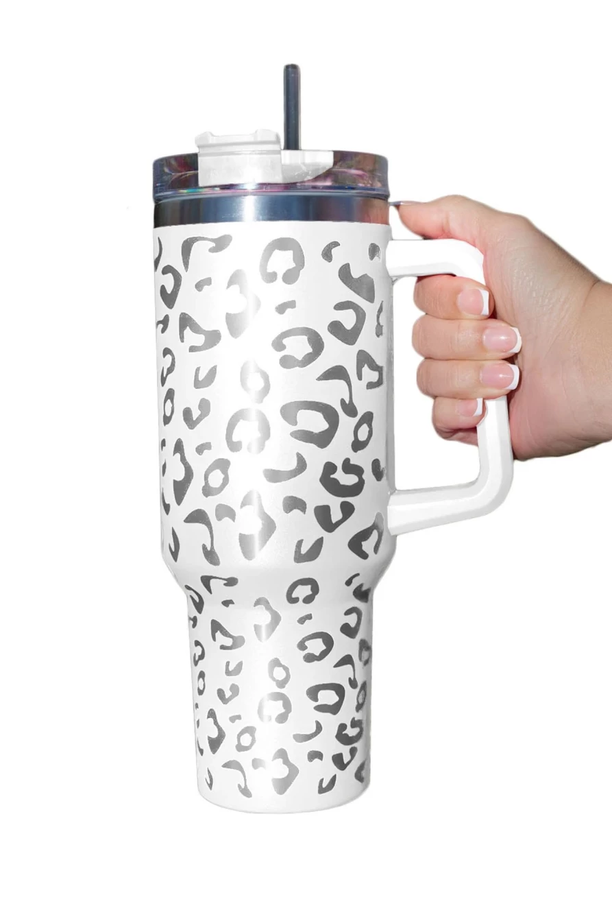 Shewin White 304 Stainless Steel Leopard Print Double Insulated Tumbler Mug with Handle for Women