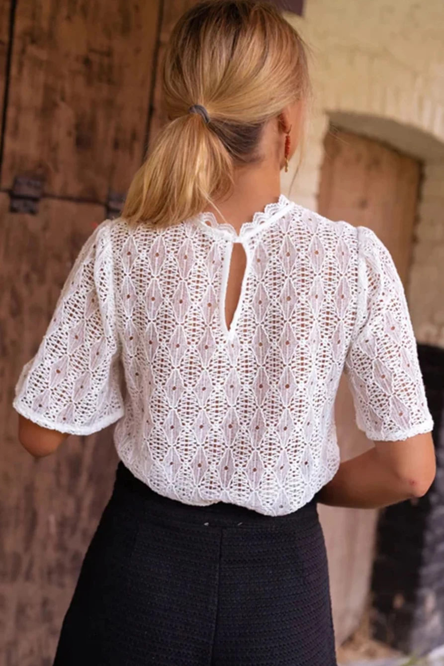 Shewin Women's White Short Sleeve Keyhole Back Lace Blouse