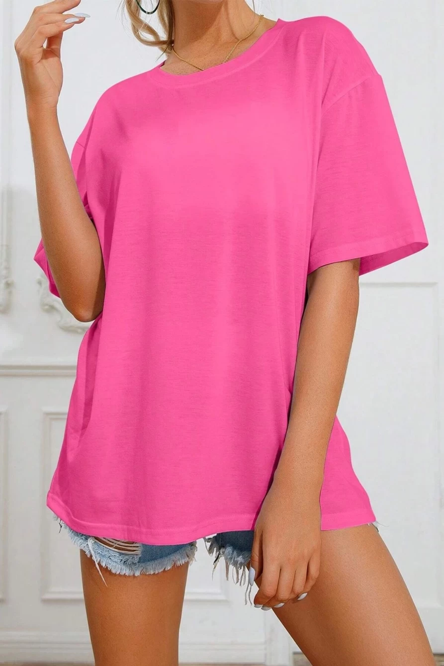 Shewin Women's Bright Pink Sunshine On My Mind Letter Print T-Shirt