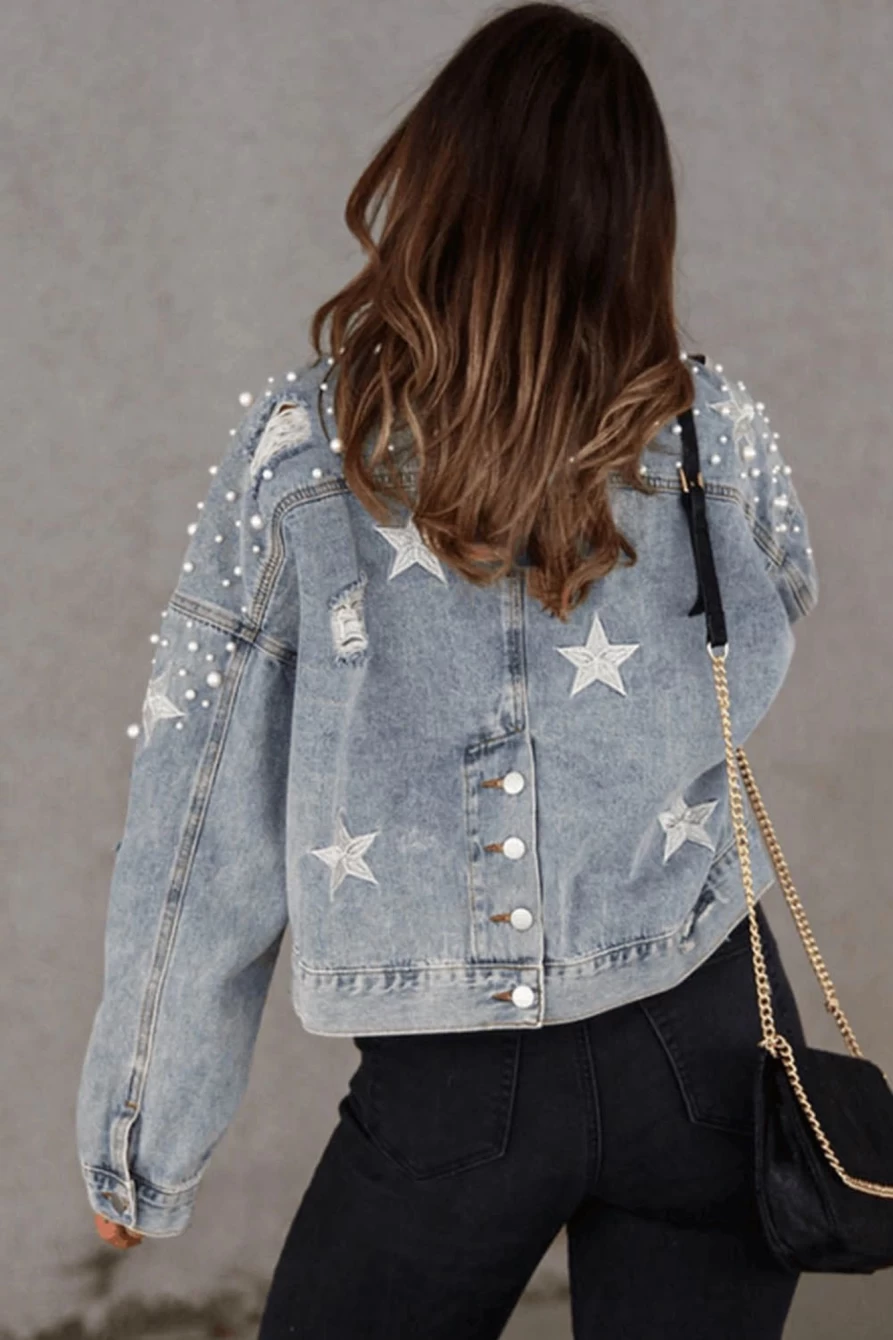 "SheWin Women's Sky Blue Distressed Star & Pearls Embroidered Cropped Denim Jacket"