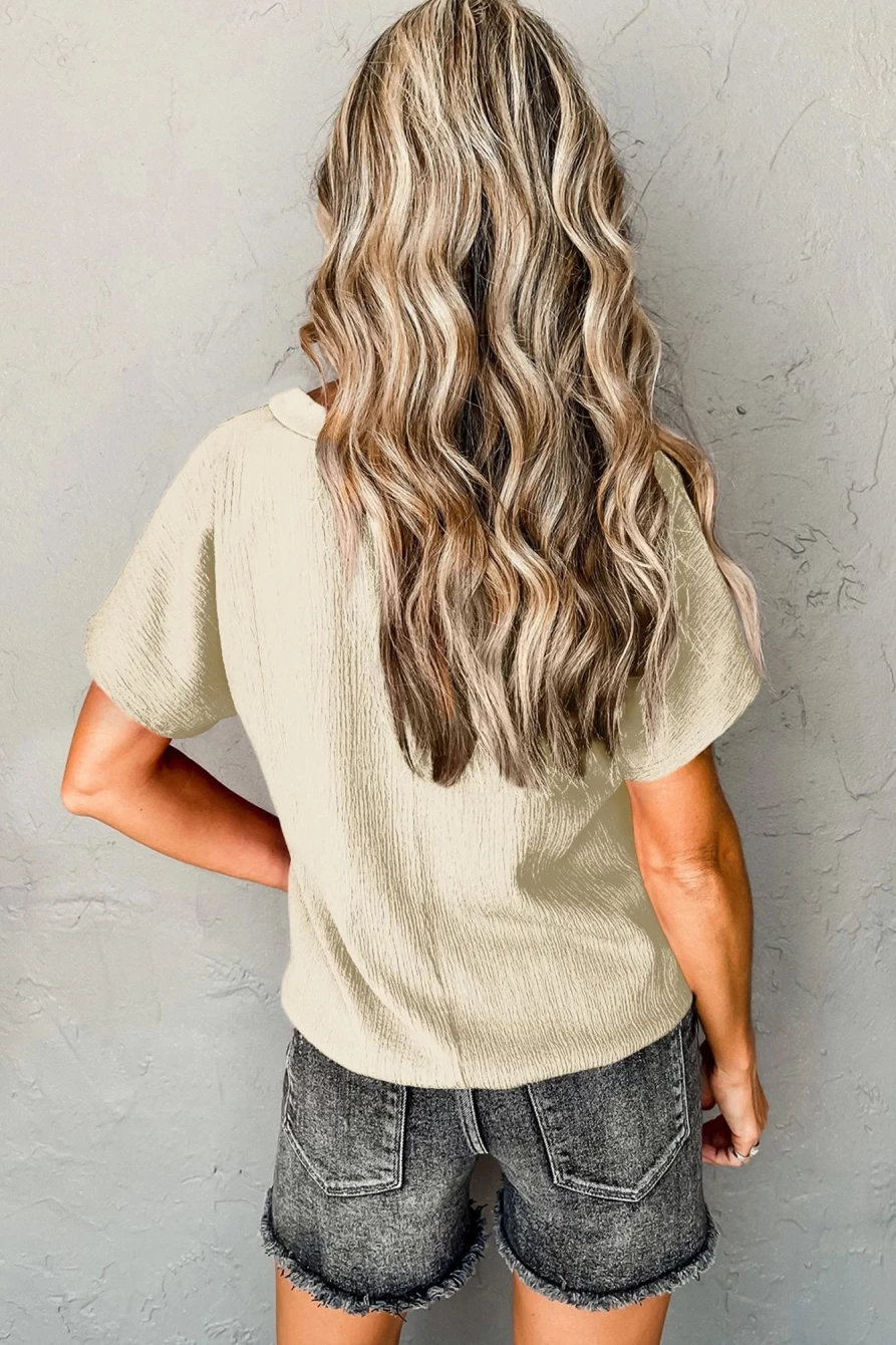 Shewin Women's Apricot Crinkled V-Neck Short Sleeve Blouse