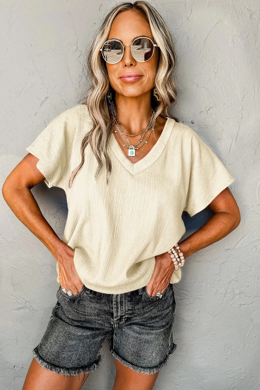 Shewin Women's Apricot Crinkled V-Neck Short Sleeve Blouse