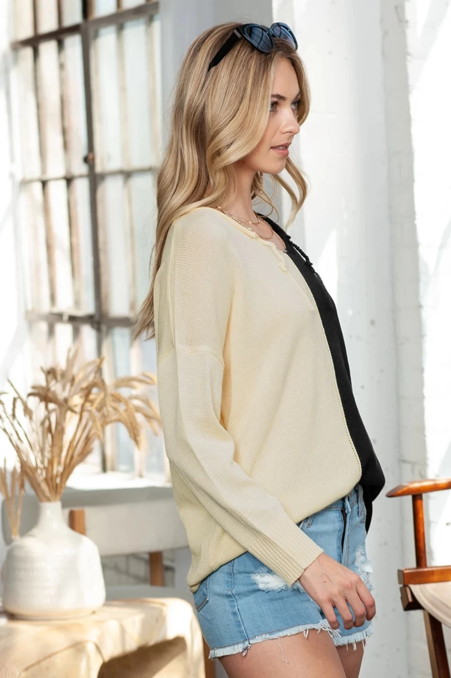 Shewin Women's Khaki Colorblock Knitted Pullover Sweater Long Sleeve