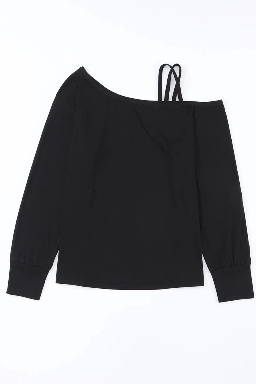 Shewin Women's Black Asymmetric Neck Long Sleeve Shift Top