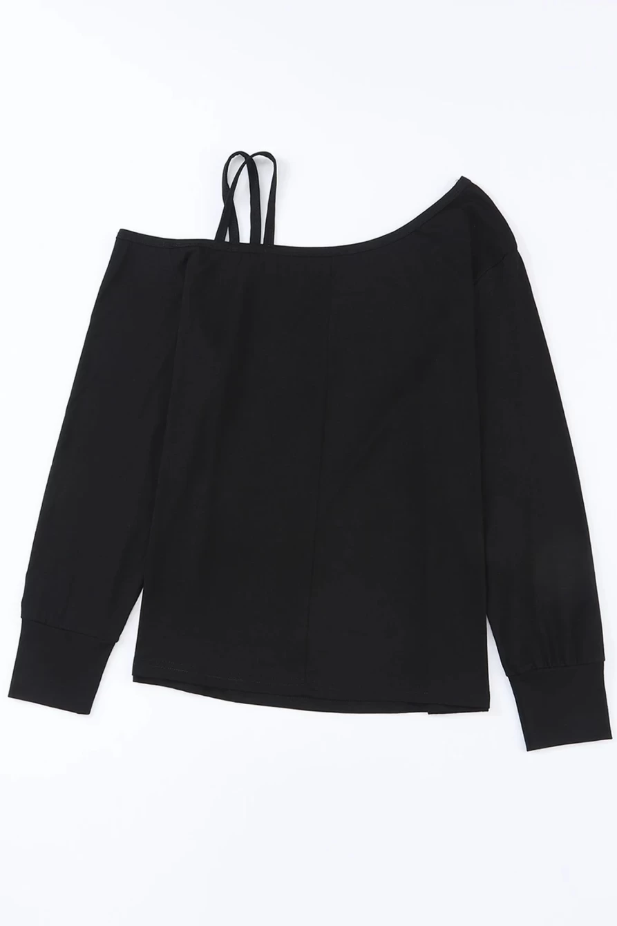 Shewin Women's Black Asymmetric Neck Long Sleeve Shift Top