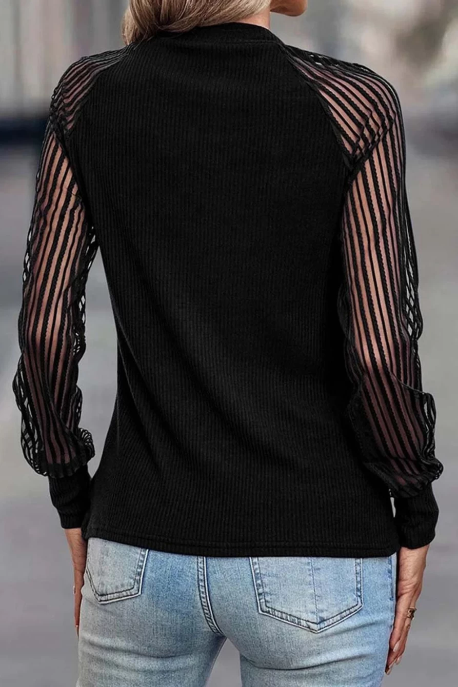 Shewin Women's Black Striped Mesh Long Sleeve Crew Neck Top