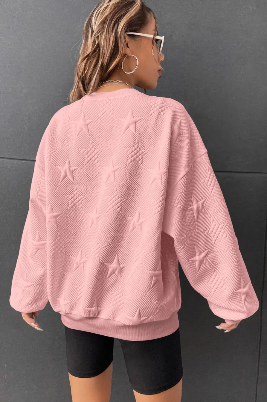 Shewin Women's Peach Blossom Star Embossed Textured Drop Shoulder Sweatshirt