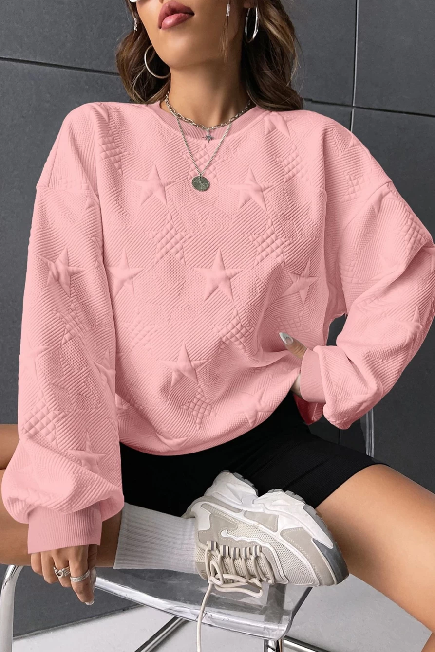 Shewin Women's Peach Blossom Star Embossed Textured Drop Shoulder Sweatshirt