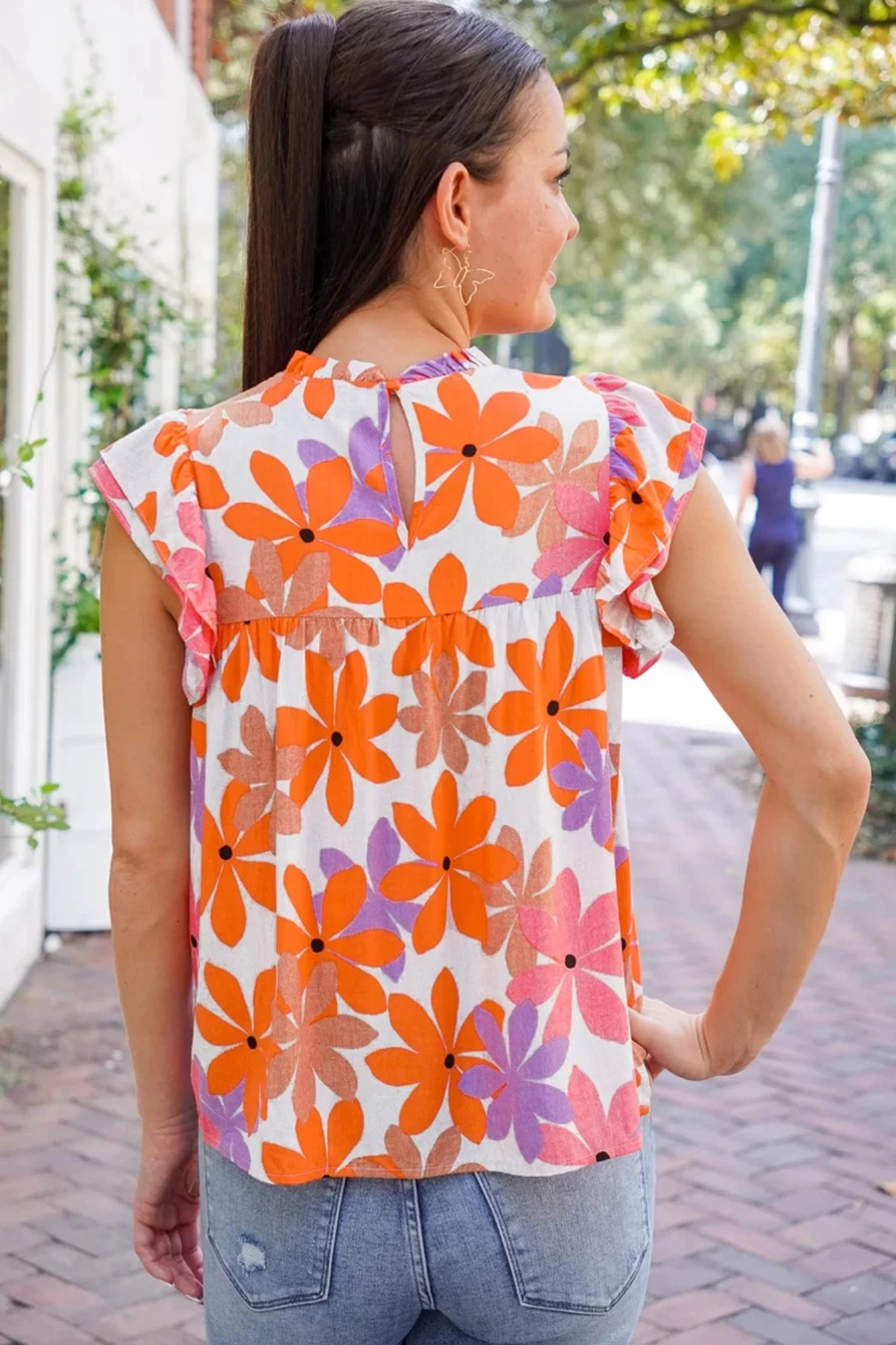 "Shewin Women's Orange Boho Floral Print Smocked Shirt with Ruffled Sleeves"