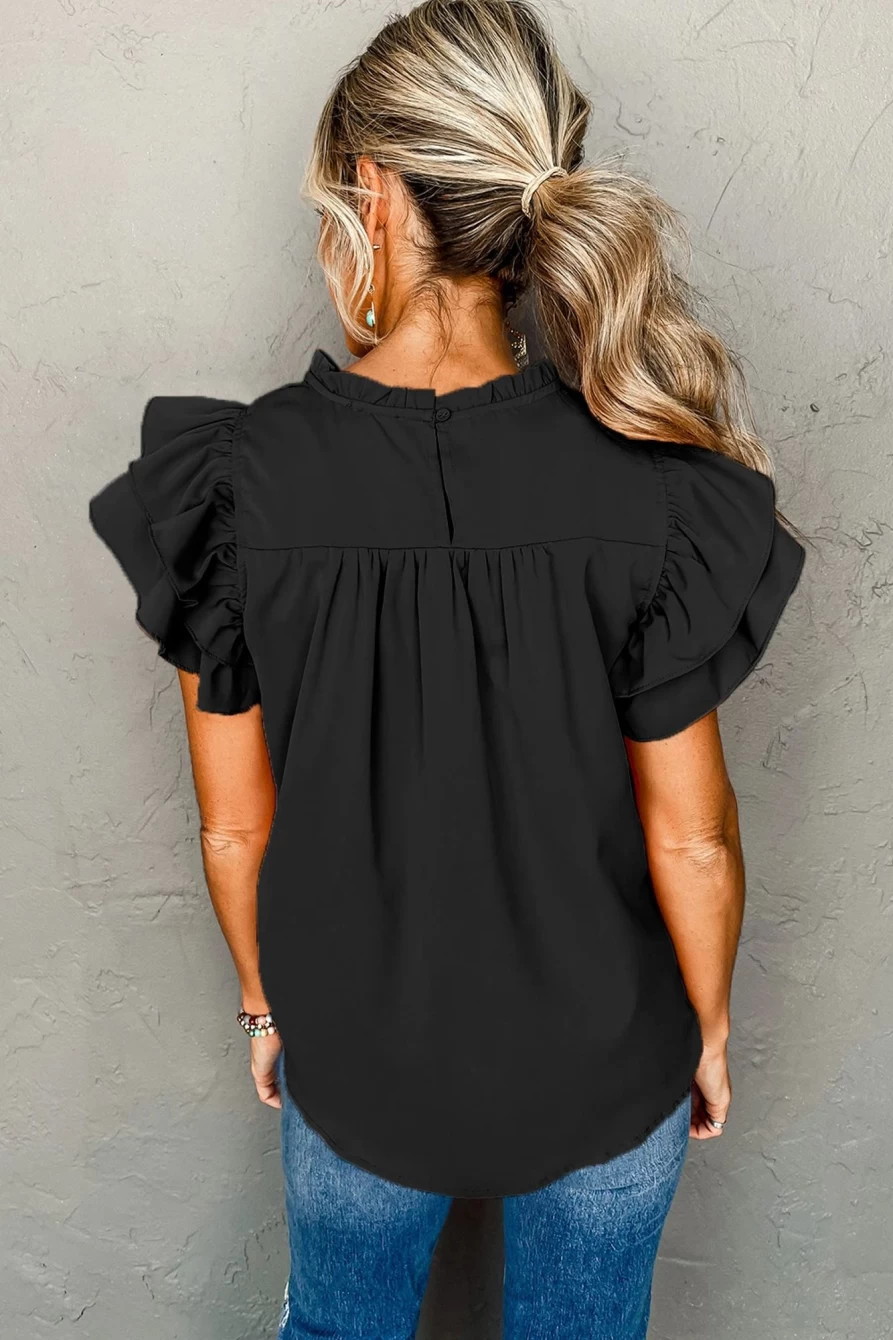Shewin Women's Black Ruched Ruffle Neck Blouse - Elegant Frilled Top