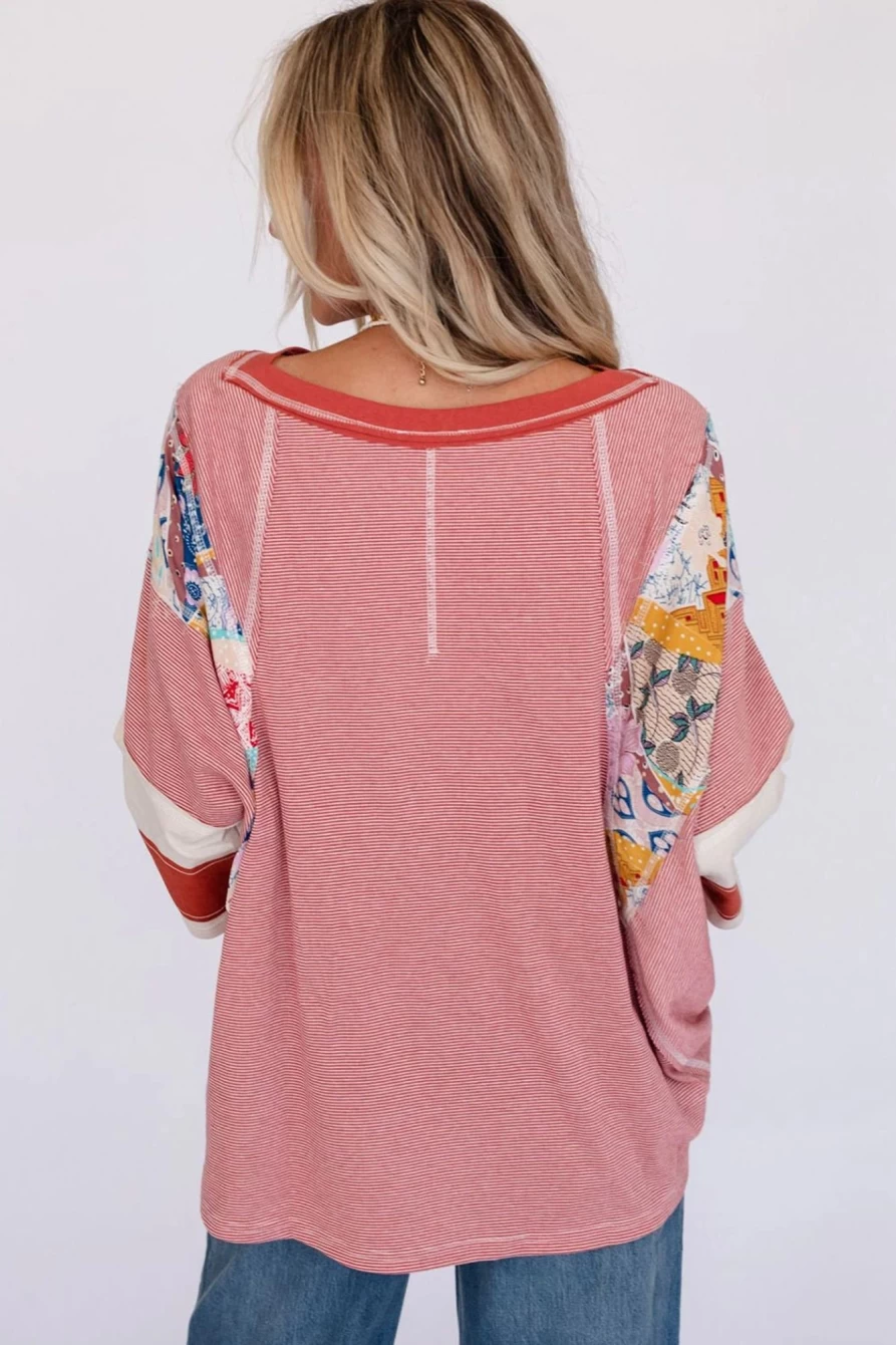 Shewin Women's Red Striped Floral Patchwork Oversized Top