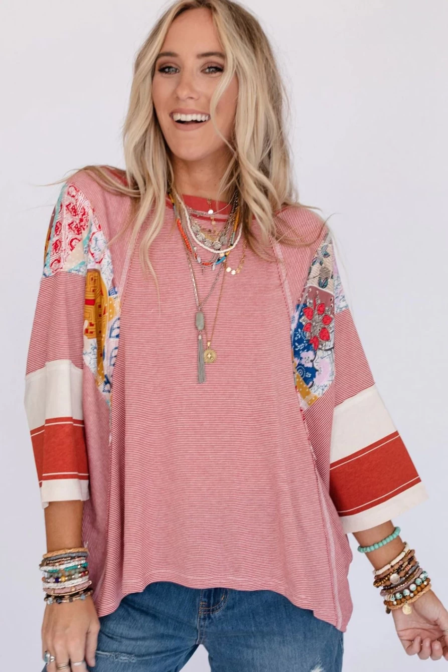 Shewin Women's Red Striped Floral Patchwork Oversized Top