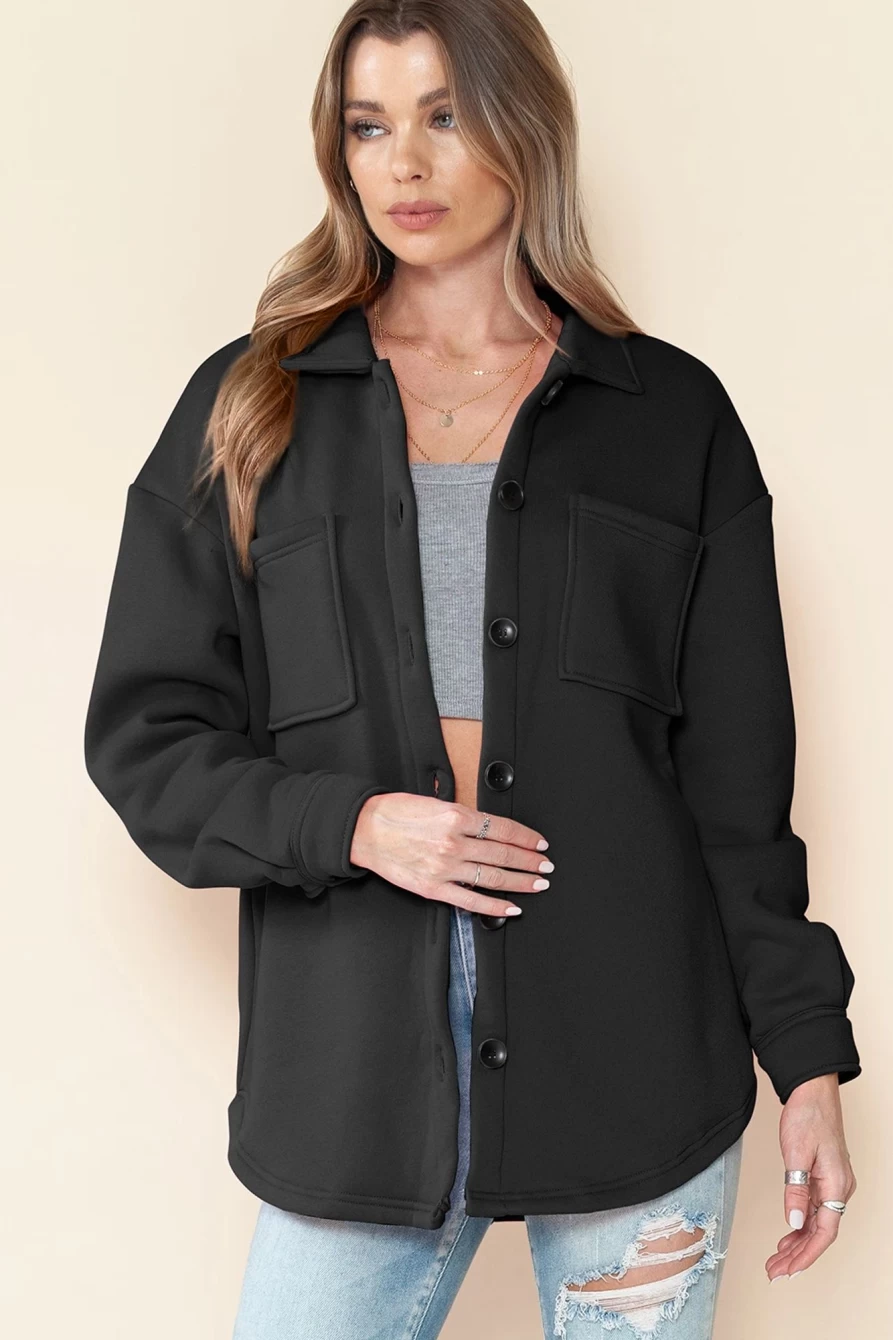 Shewin Women's Black Collared Button-Up Jacket with Pockets