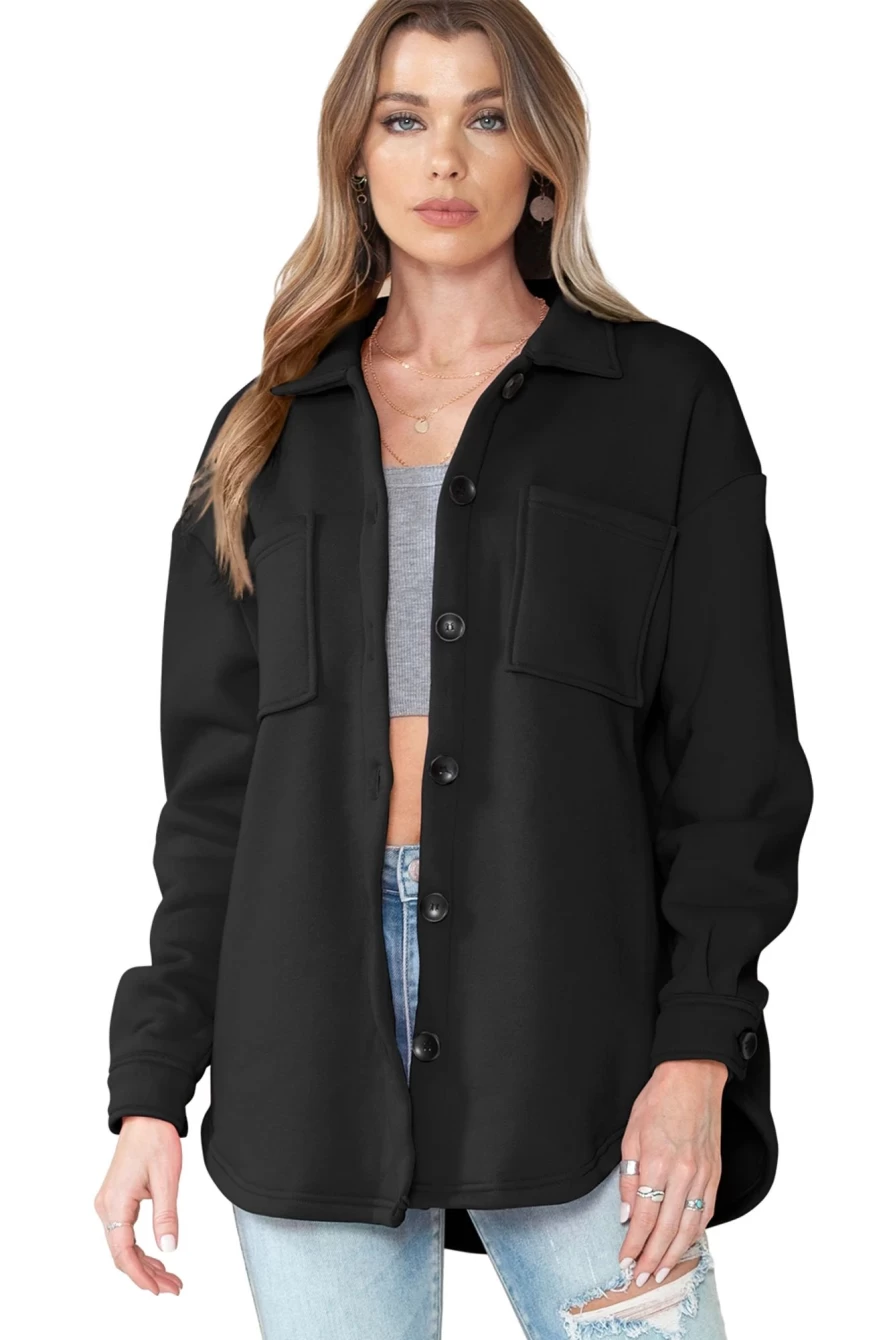 Shewin Women's Black Collared Button-Up Jacket with Pockets