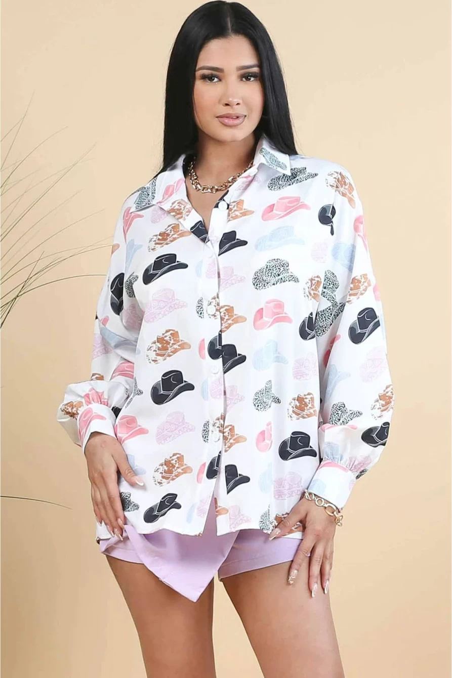 Women's White Puff Sleeve Button Up Shirt with Print - Shewin Hats Style