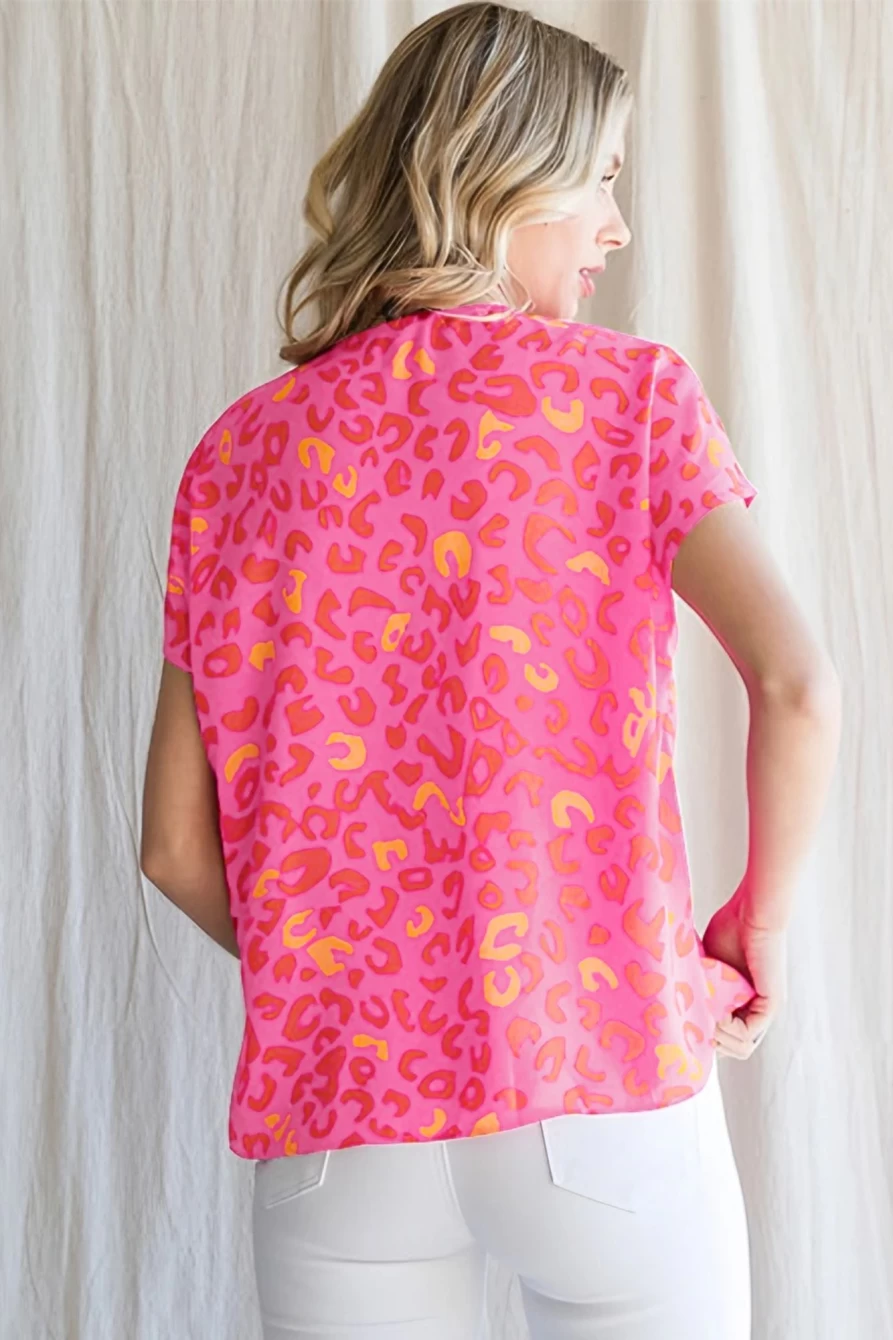 "SheWin Women's Pink Leopard Print V-Neck Short Sleeve Blouse"
