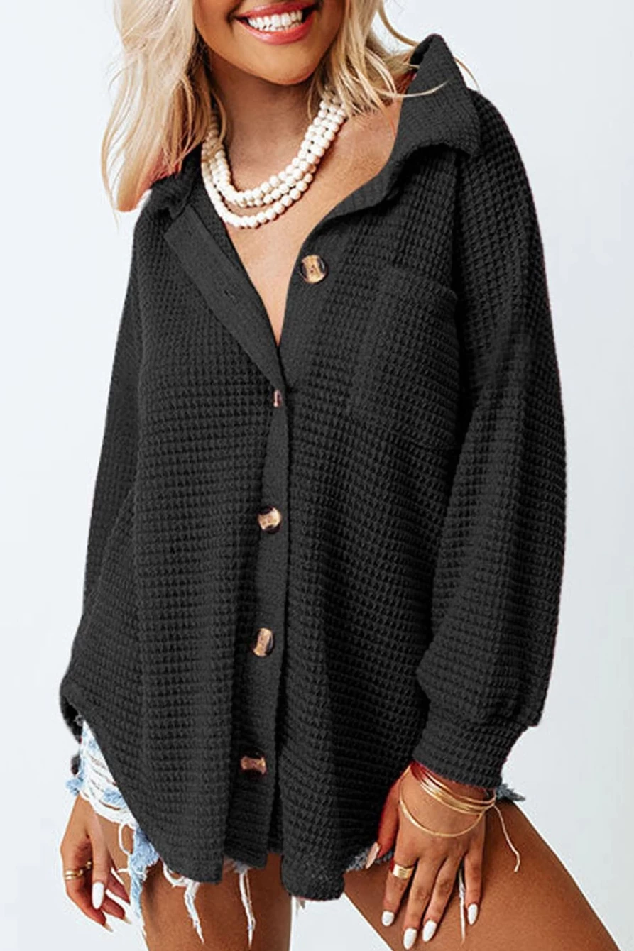 Shewin Women's Black Waffle Knit Shacket with Front Pocket Buttons