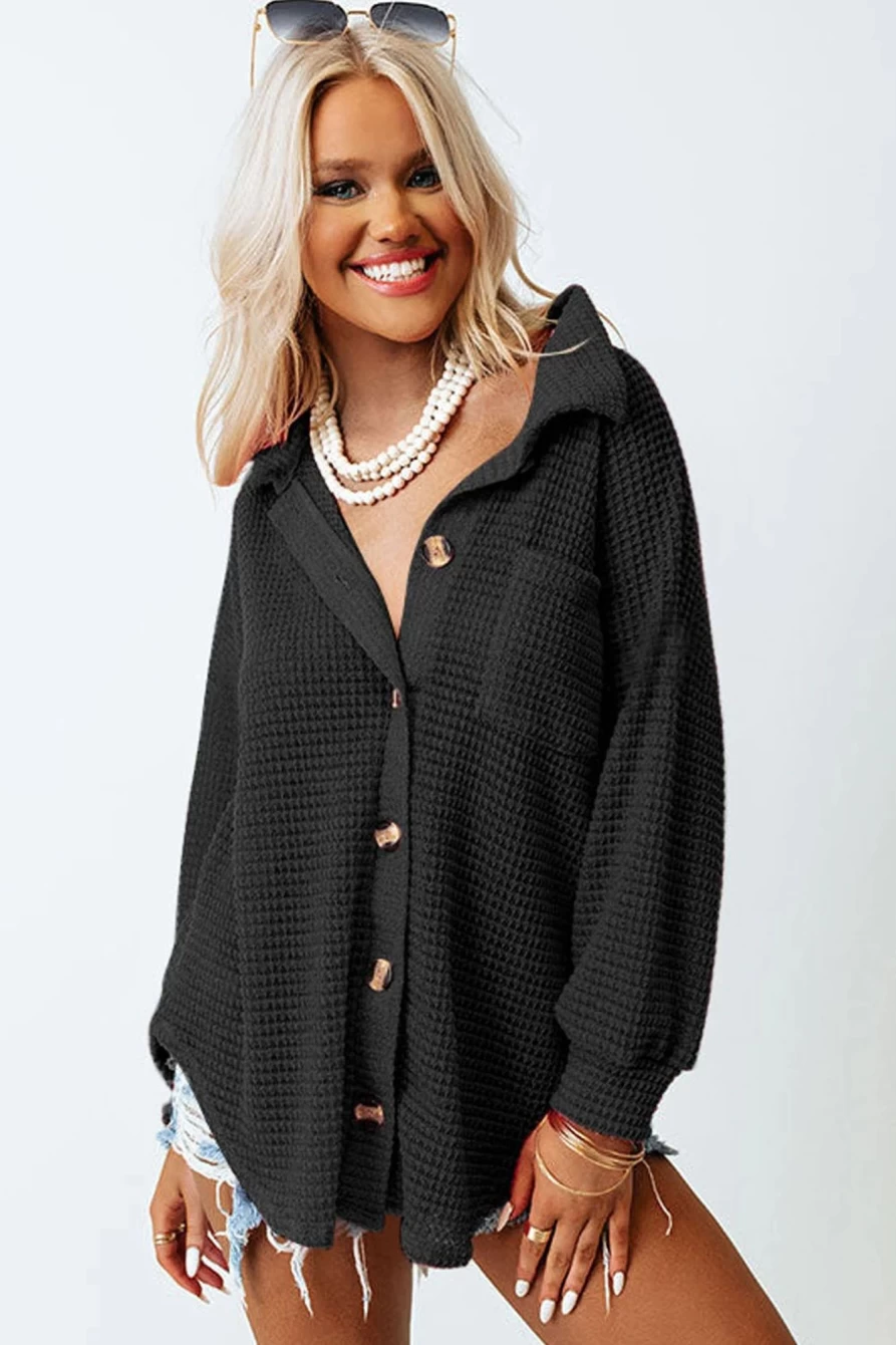 Shewin Women's Black Waffle Knit Shacket with Front Pocket Buttons