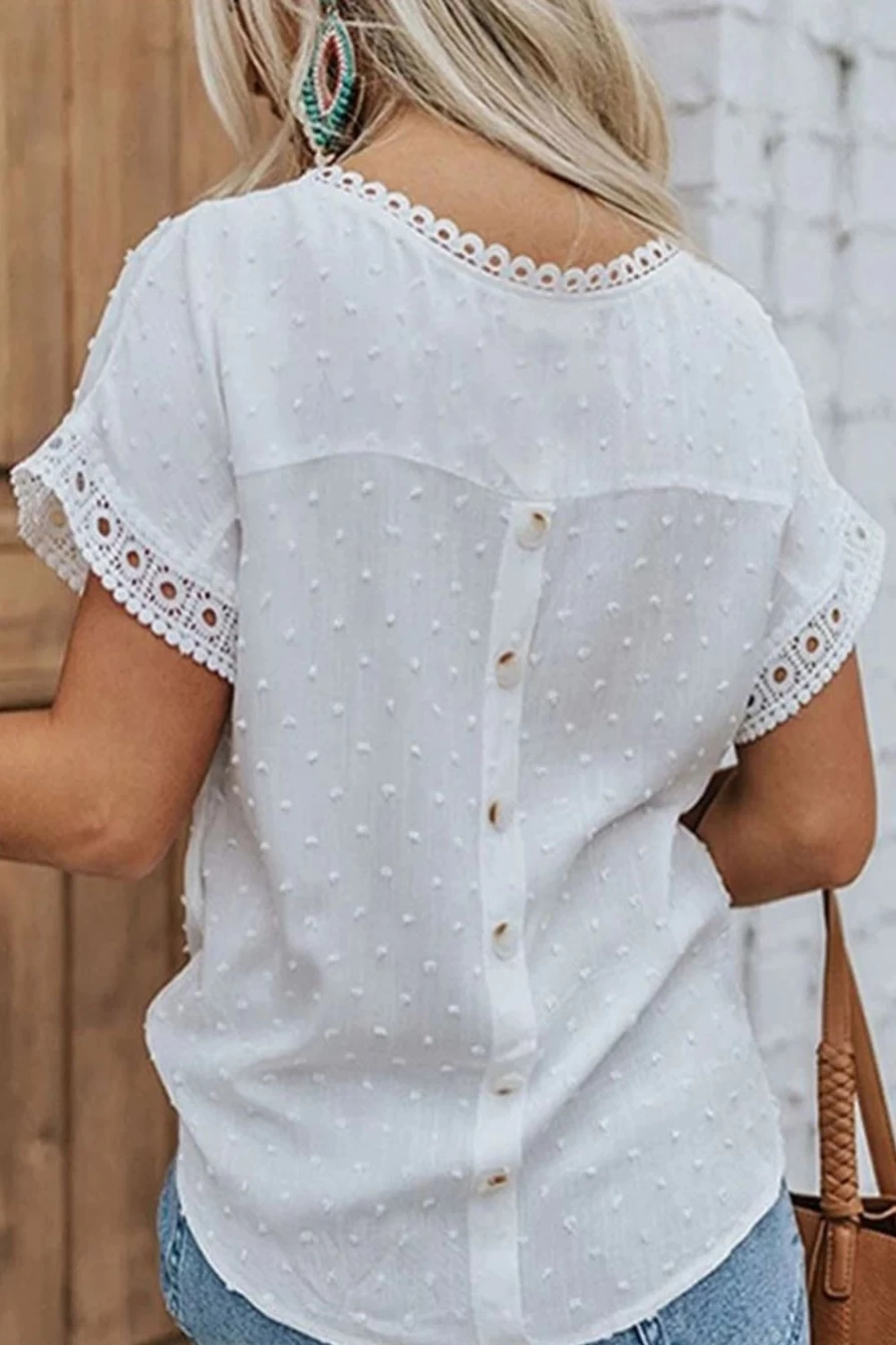 "SheWin Women's White Swiss Dot Crochet Summer Top with Eyelet Back & Button Detail"