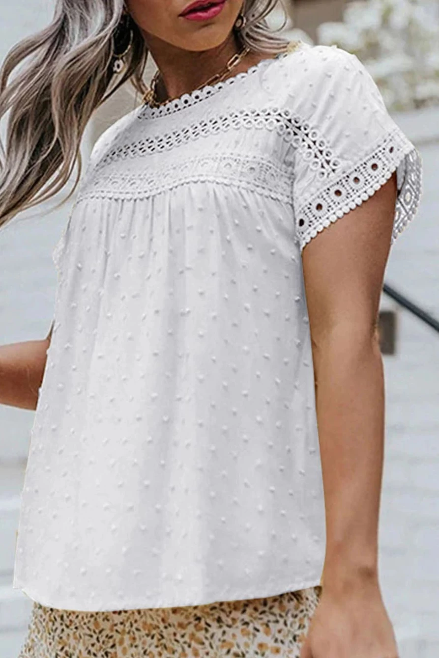 "SheWin Women's White Swiss Dot Crochet Summer Top with Eyelet Back & Button Detail"