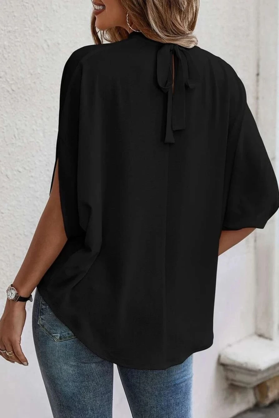Shewin Women's Black Solid Color Batwing Sleeve Knotted Blouse Tops