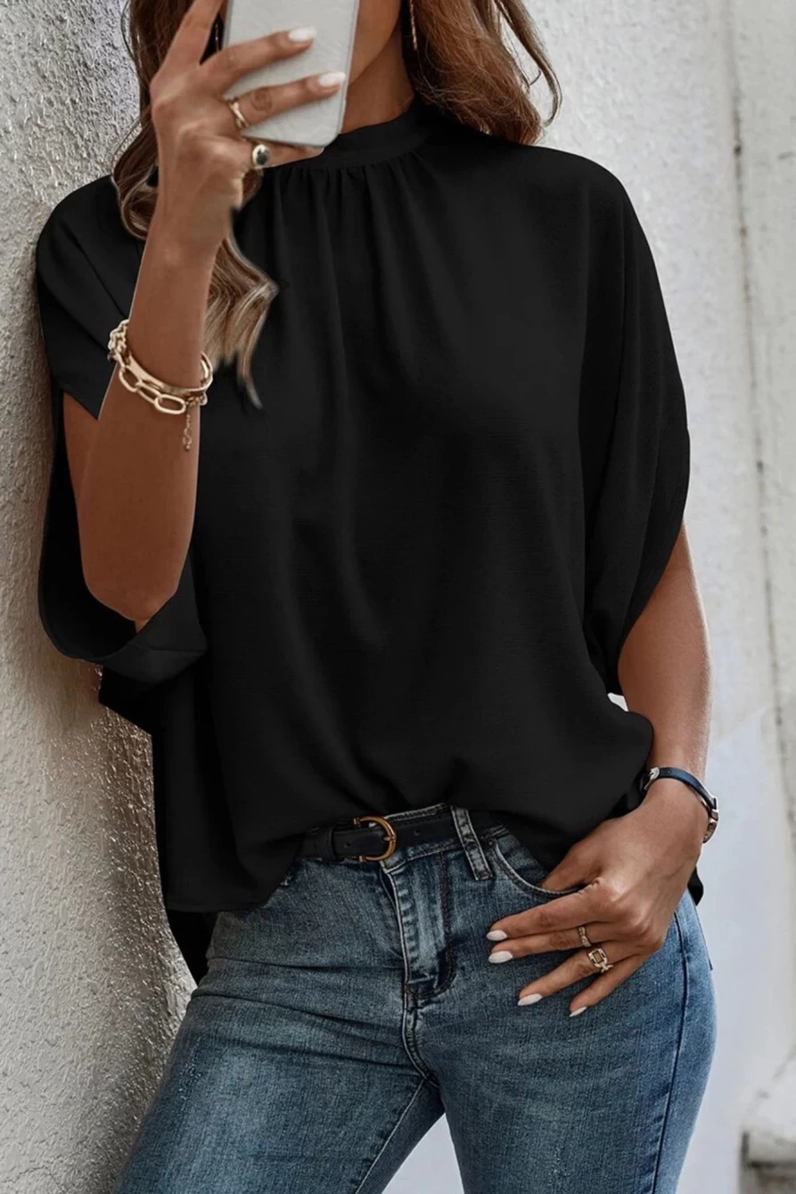 Shewin Women's Black Solid Color Batwing Sleeve Knotted Blouse Tops