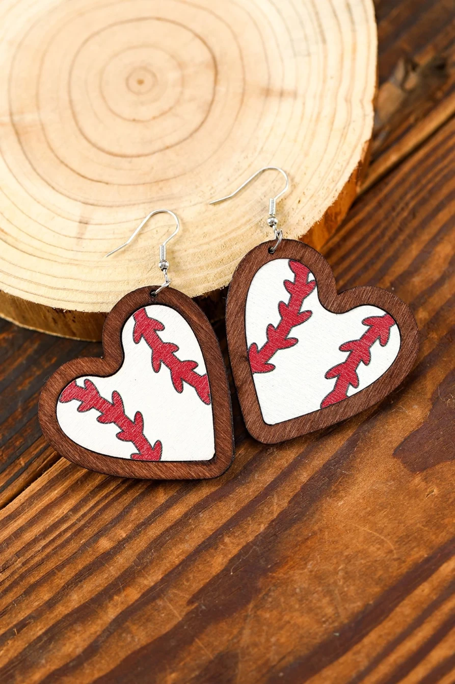 "Shewin Women's White Wooden Heart-Shaped Rugby Print Contrast Edge Earrings"
