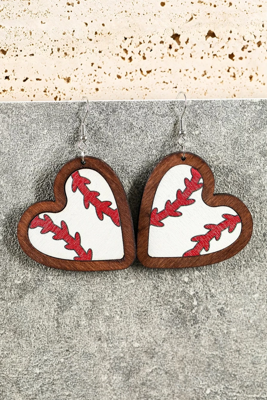 "Shewin Women's White Wooden Heart-Shaped Rugby Print Contrast Edge Earrings"