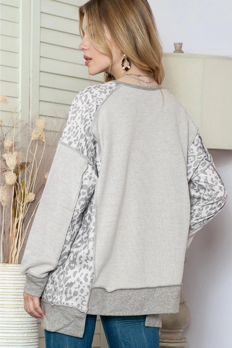 Women's Gray Leopard Print Henley Sweatshirt - Shewin Raglan Sleeve Casual Pullover
