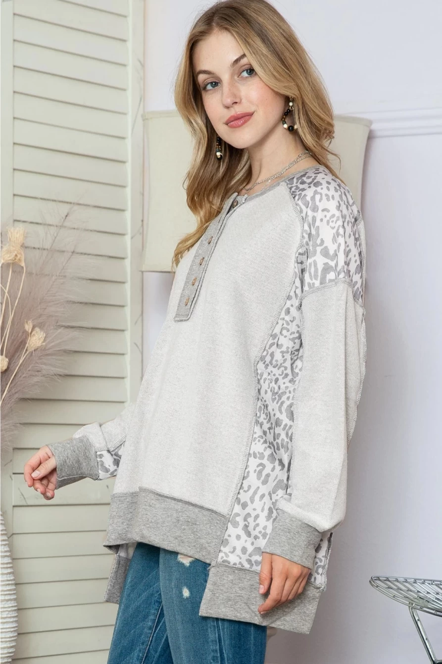 Women's Gray Leopard Print Henley Sweatshirt - Shewin Raglan Sleeve Casual Pullover