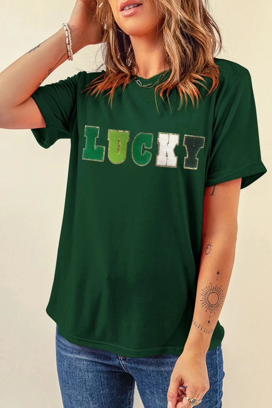 Shewin Women's Green Lucky Glitter Graphic T-Shirt with Chenille Patches - Stylish Crew Neck Tee
