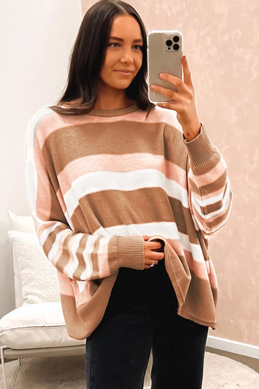 Shewin Women's Multicolored Striped Knit Drop Shoulder Loose Sweater