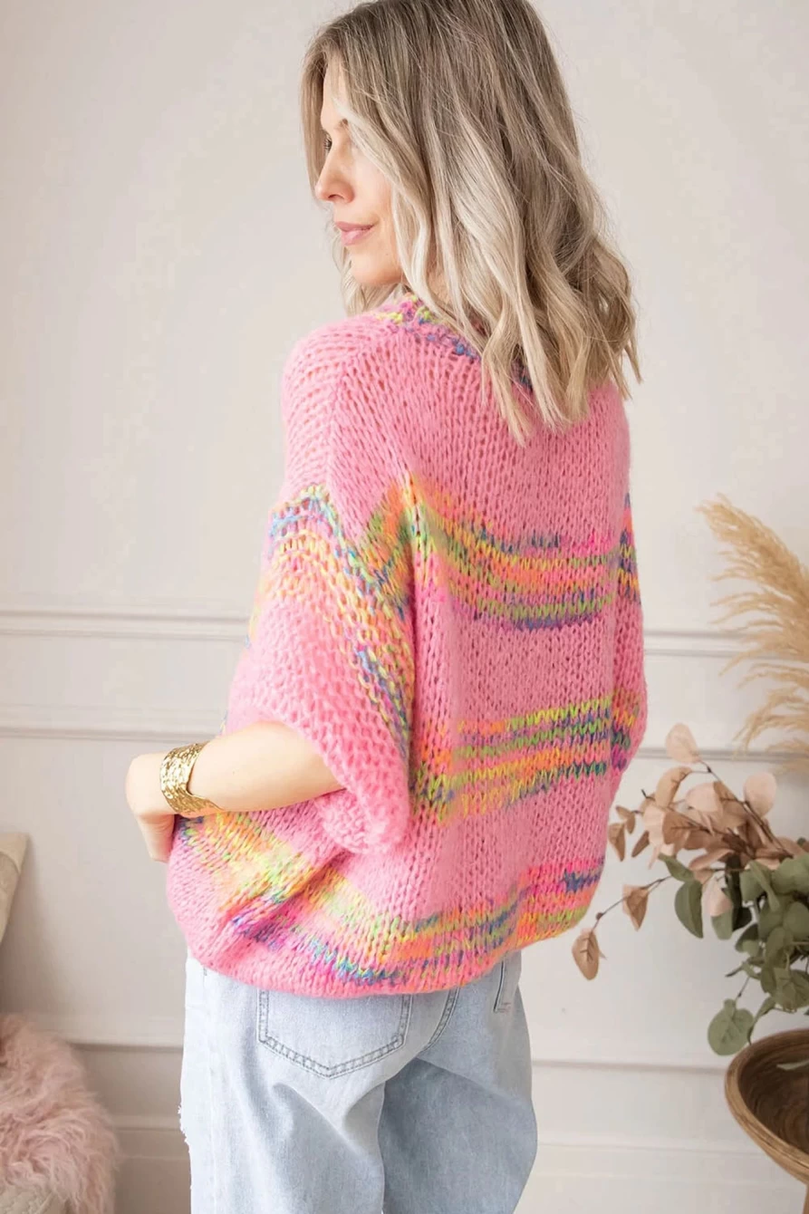 Shewin Women's Rose Colorful Stripes 3/4 Sleeve Loose Knit Sweater