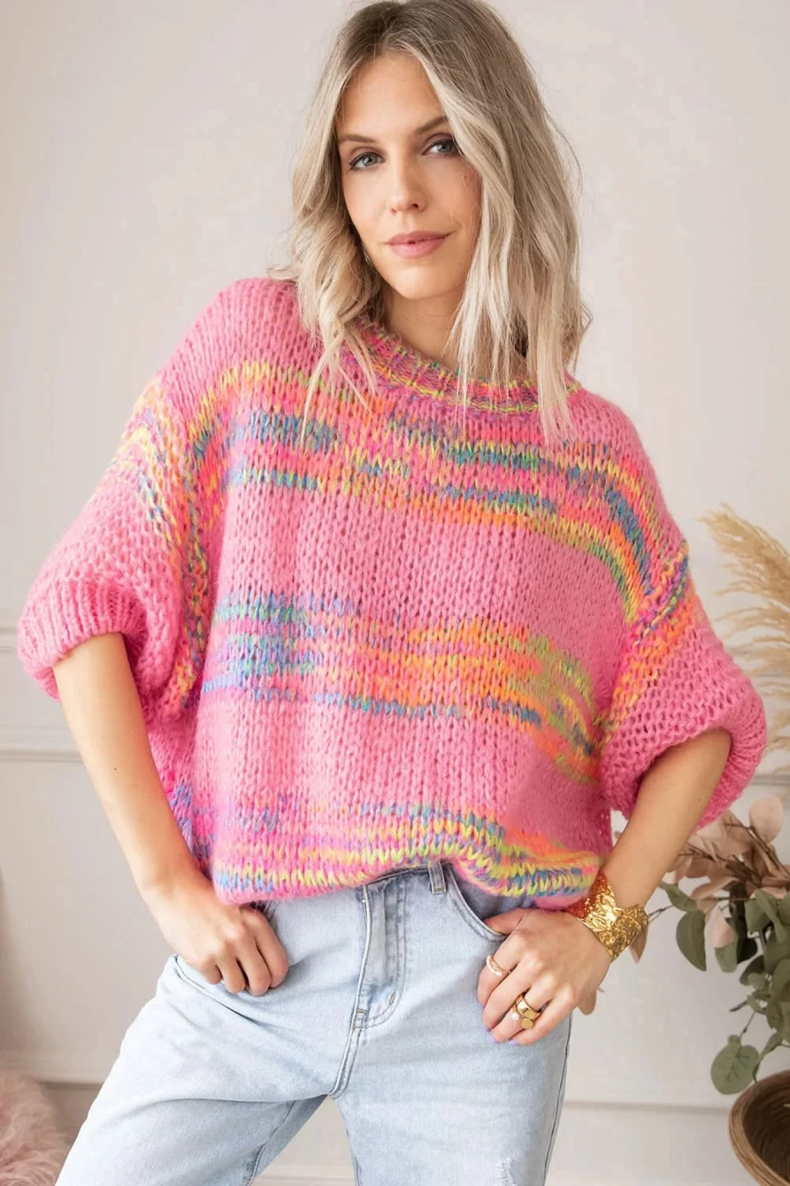 Shewin Women's Rose Colorful Stripes 3/4 Sleeve Loose Knit Sweater