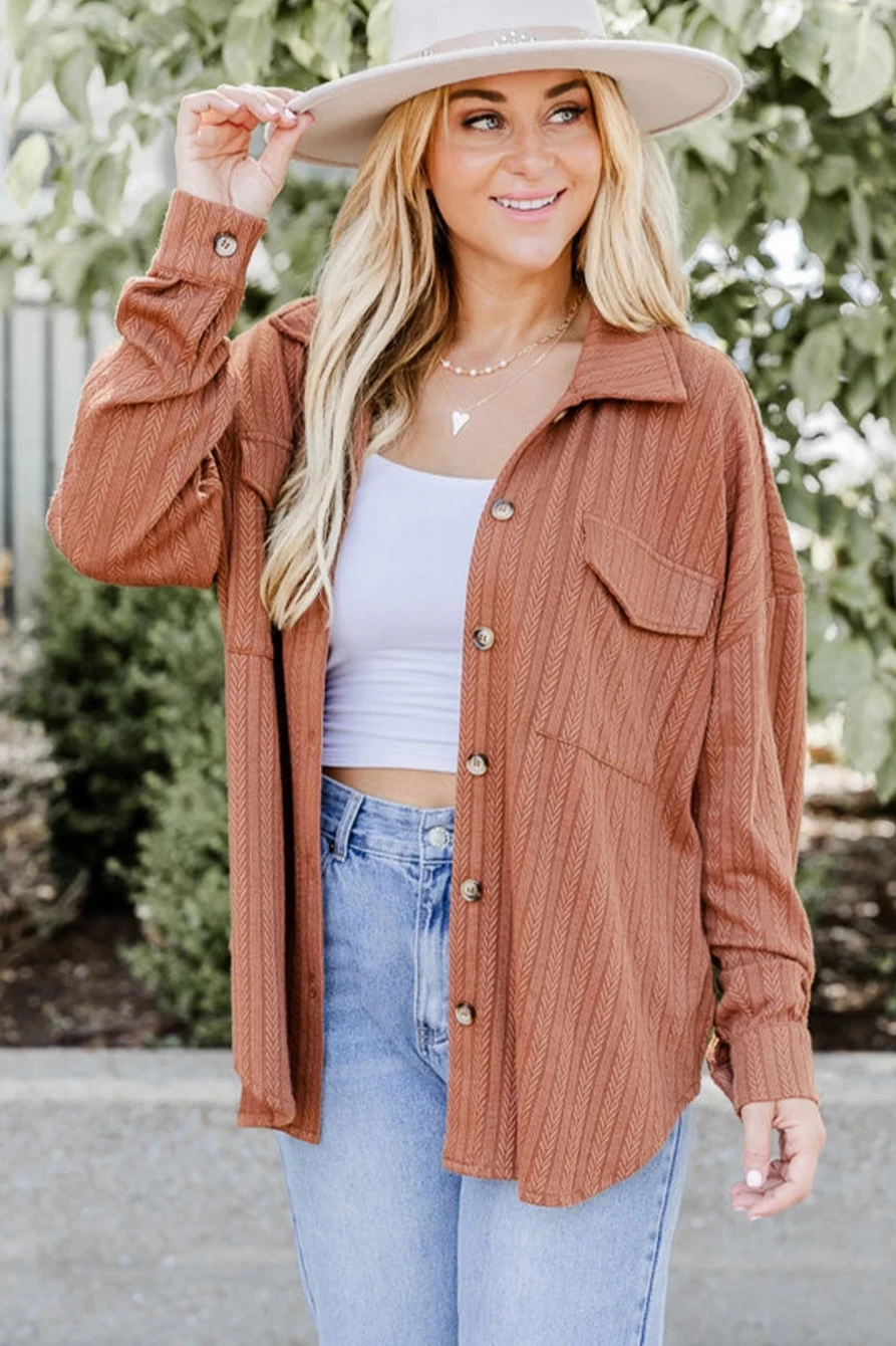 Shewin Women's Chestnut Textured Knit Shacket with Rounded Hem - Casual Overshirt Coat