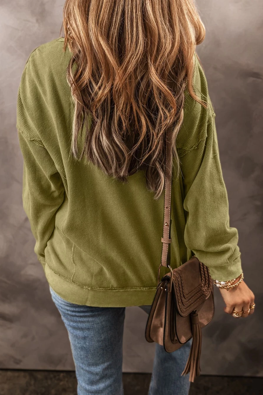 Shewin Women's Jungle Green Waffle Textured Drop Sleeve Sweatshirt with Exposed Seams
