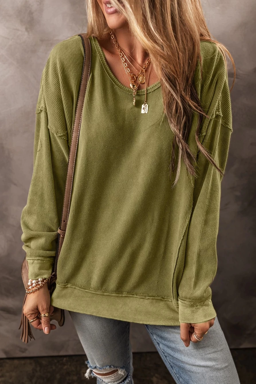 Shewin Women's Jungle Green Waffle Textured Drop Sleeve Sweatshirt with Exposed Seams