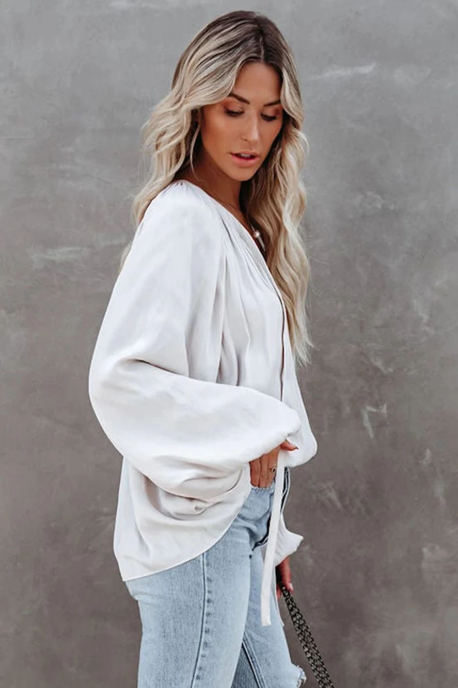 Shewin Women's White Satin Blouse with V-Neck, Pleated Detail & Puff Sleeves