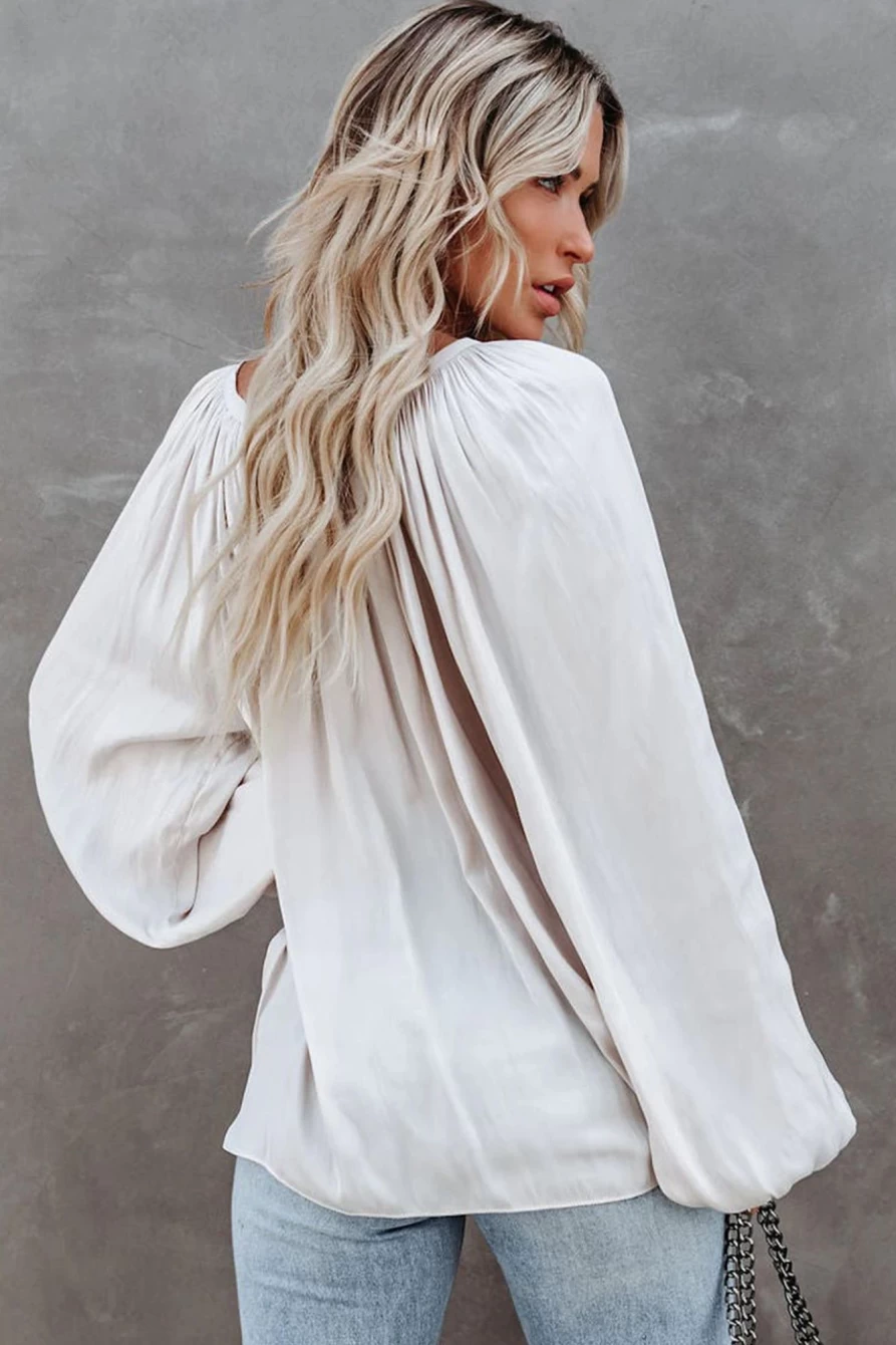 Shewin Women's White Satin Blouse with V-Neck, Pleated Detail & Puff Sleeves
