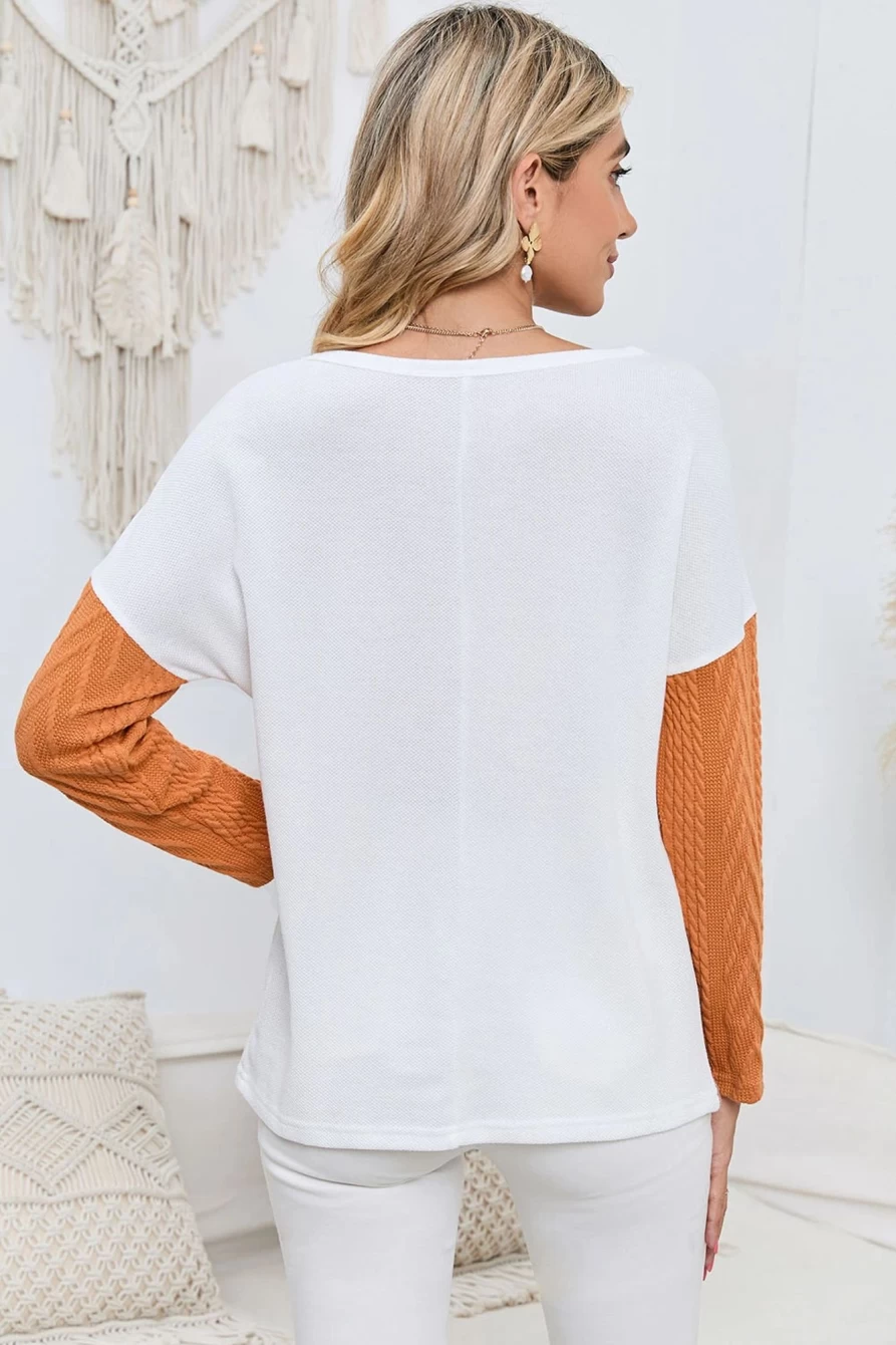 Women's Orange Long Sleeve Colorblock Knit Top with Chest Pocket - SHEWIN