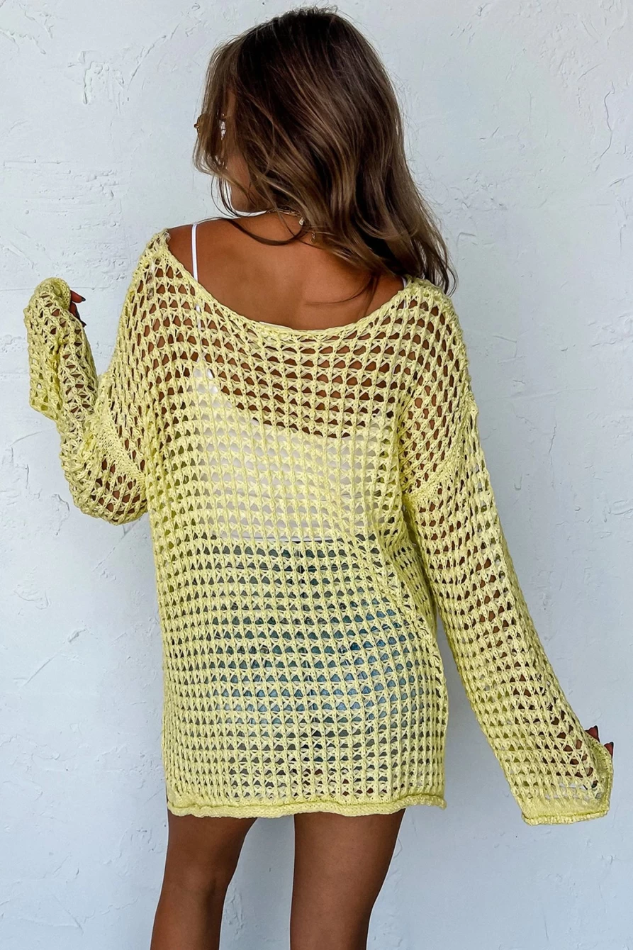 Shewin Women's Yellow Knit Crochet Bell Sleeve Tunic Top with Cut Out Detail