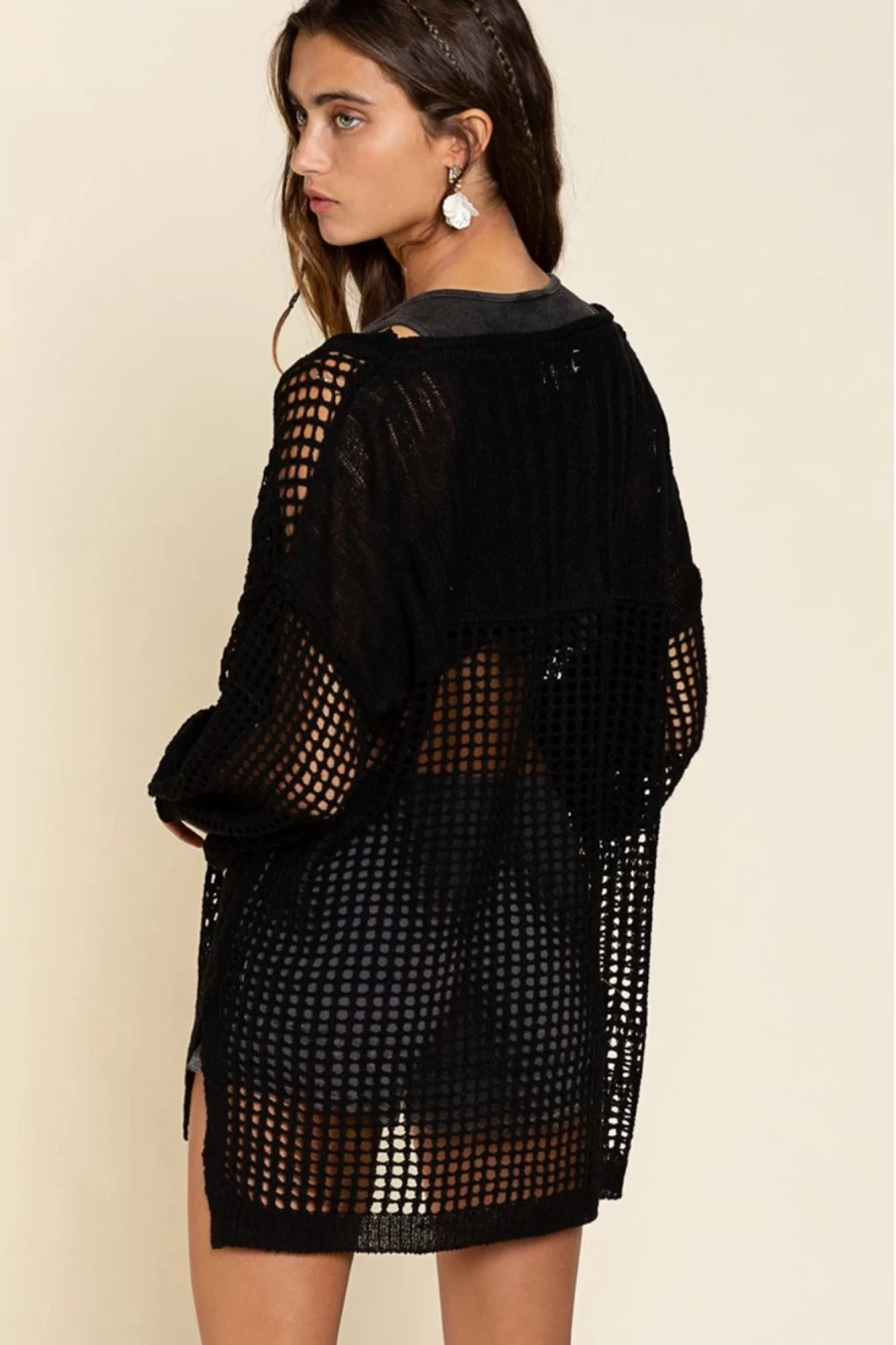 Shewin Women's Black Fishnet Hollow-Out Long Sleeve Beach Cover Up Lace Swimwear Wrap