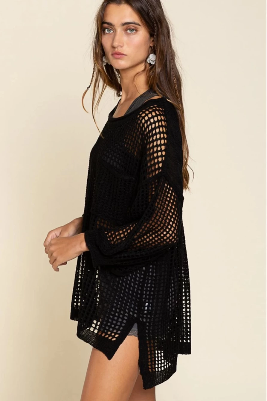 Shewin Women's Black Fishnet Hollow-Out Long Sleeve Beach Cover Up Lace Swimwear Wrap
