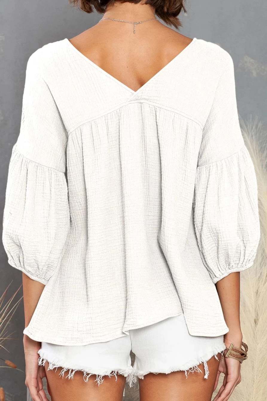 Shewin Women's Basic White Gauze Cotton V-Neck Top