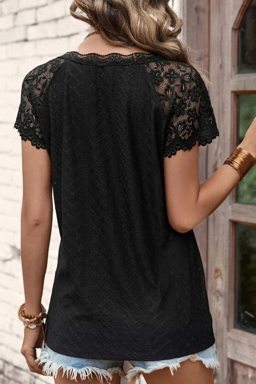Shewin Women's Black Lace Scalloped V-Neck Short Sleeve T-Shirt Top