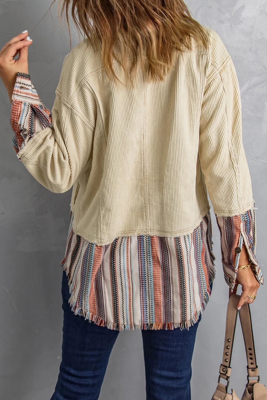 Shewin Women's Beige Corduroy Jacket with Button Up Pockets & Striped Color Block Design