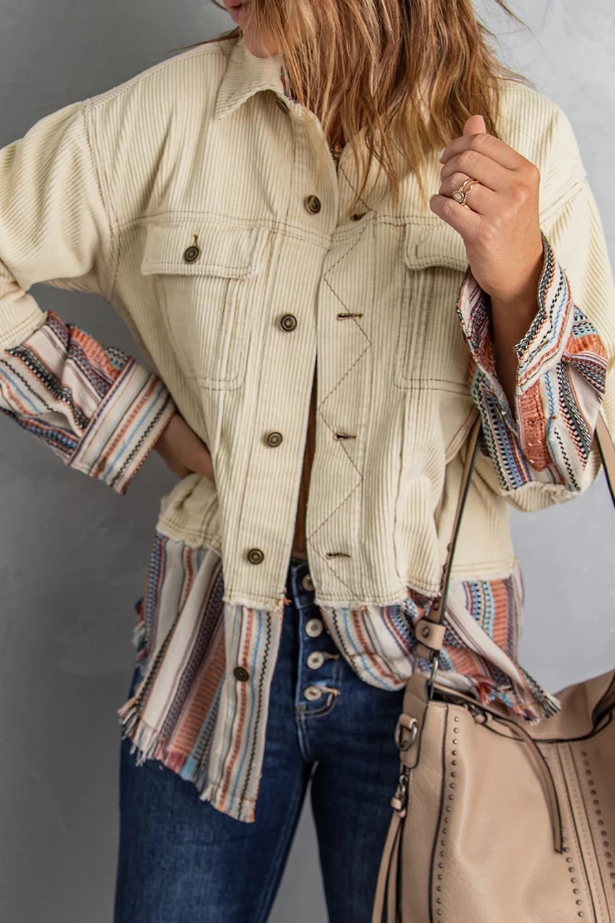Shewin Women's Beige Corduroy Jacket with Button Up Pockets & Striped Color Block Design