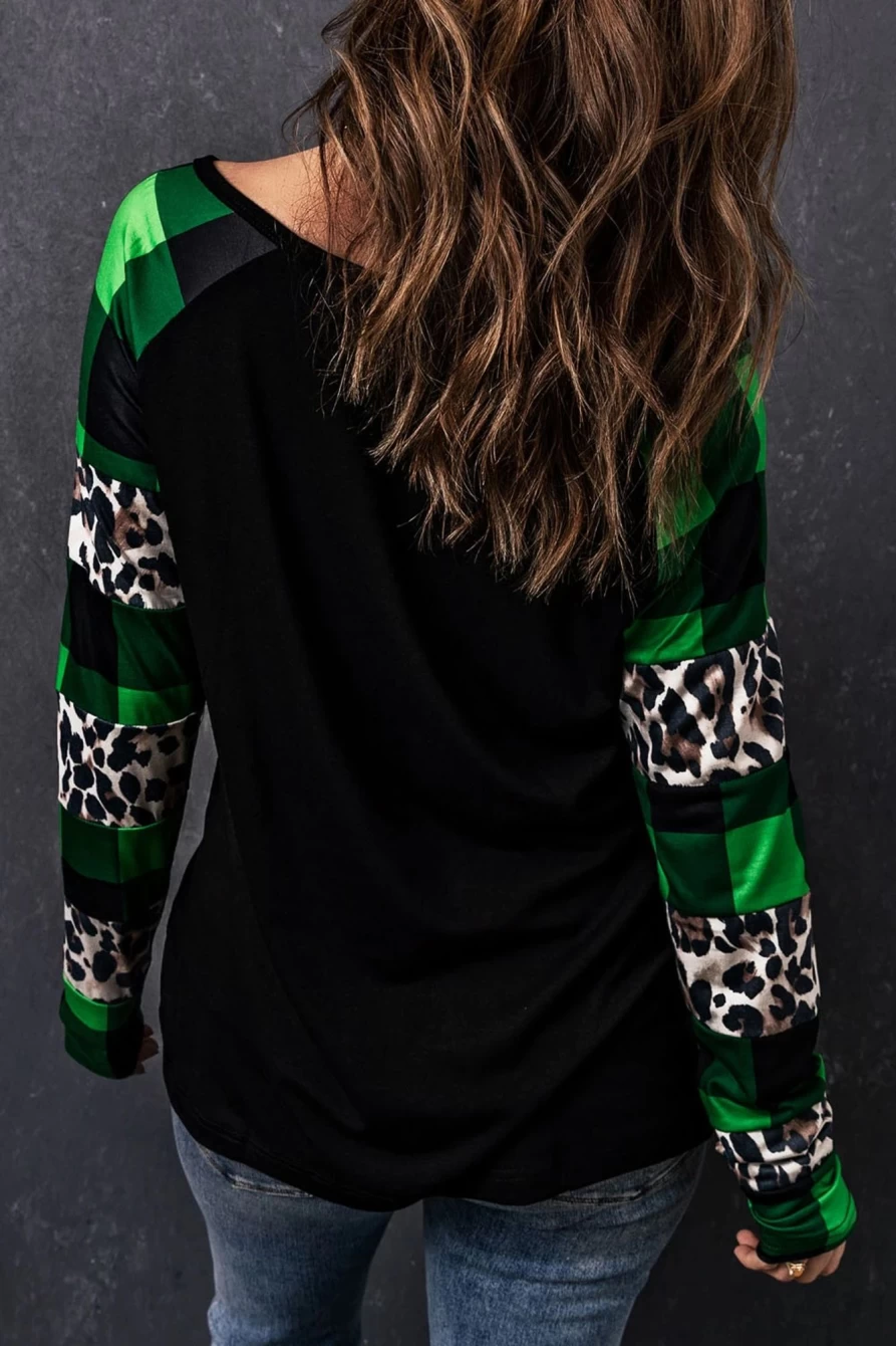 Shewin Women's Green Sequin Clover Patch Graphic Plaid Leopard Print Sleeve Tee